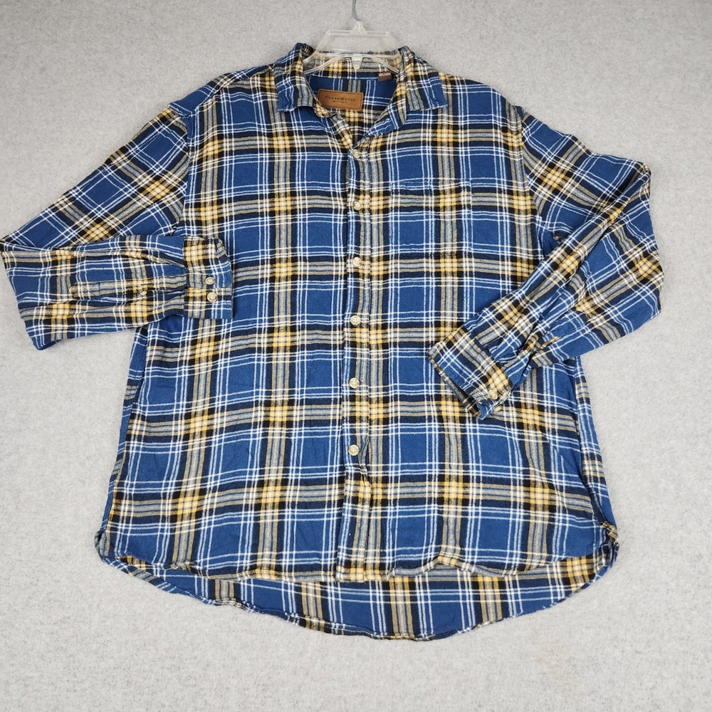ClearWater Outfitters Flannel Shirt Men Large Blue Yellow Plaid Cotton Button Up